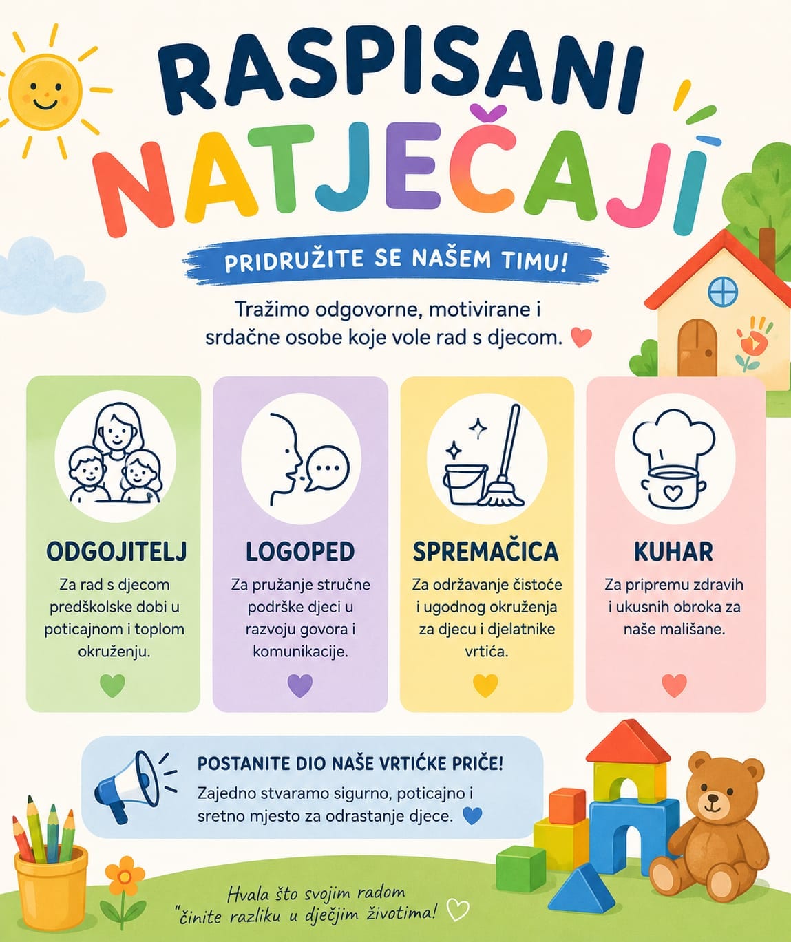 Raspisani natječaji za odgojitelj/ica, logoped, kuhar, pomoćni kuhar te spremačica