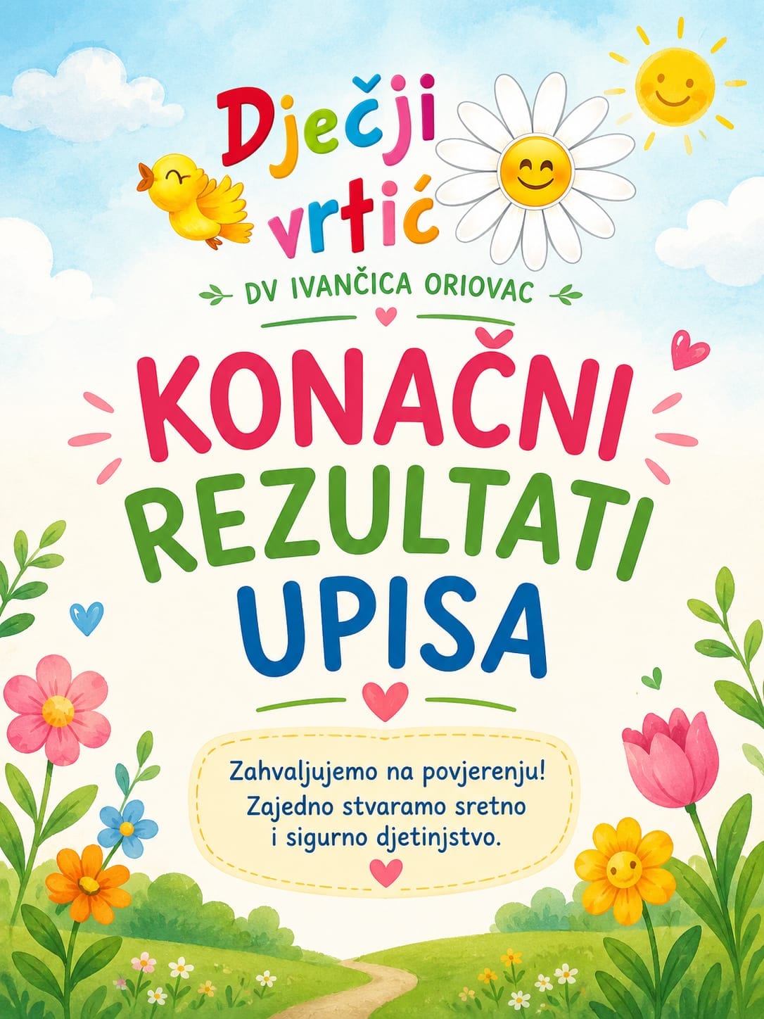 OBAVIJEST O KONAČNIM REZULTATIMA UPISA U REDOVNE PROGRAME DJEČJEG VRTIĆA „IVANČICA” ORIOVAC ZA PEDAGOŠKU GODINU 2026./20